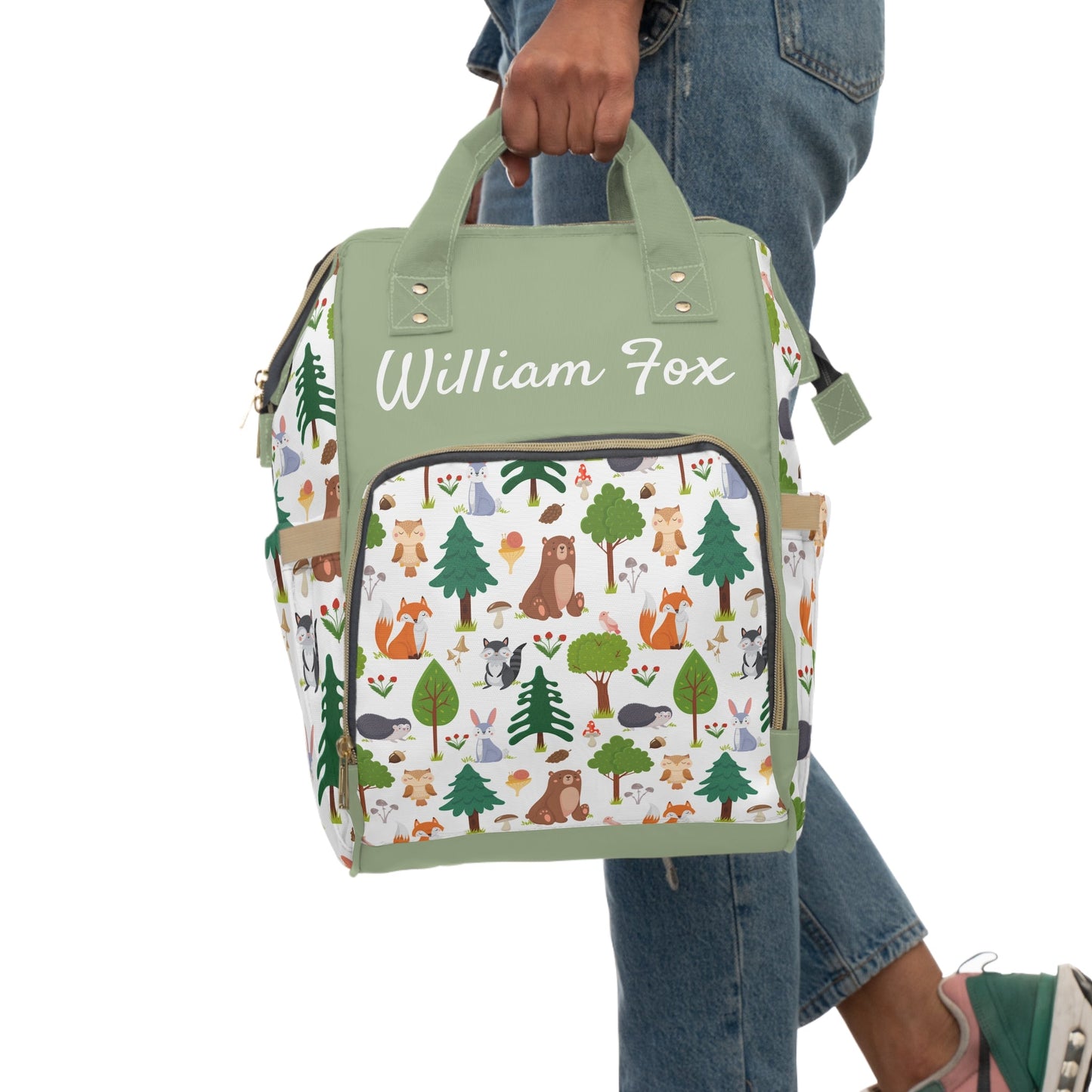 Personalized Woodland Creature Pattern Multifunctional Diaper Backpack, Newborn Gift, Baby Shower Gift, Woodland Themed Baby Shower