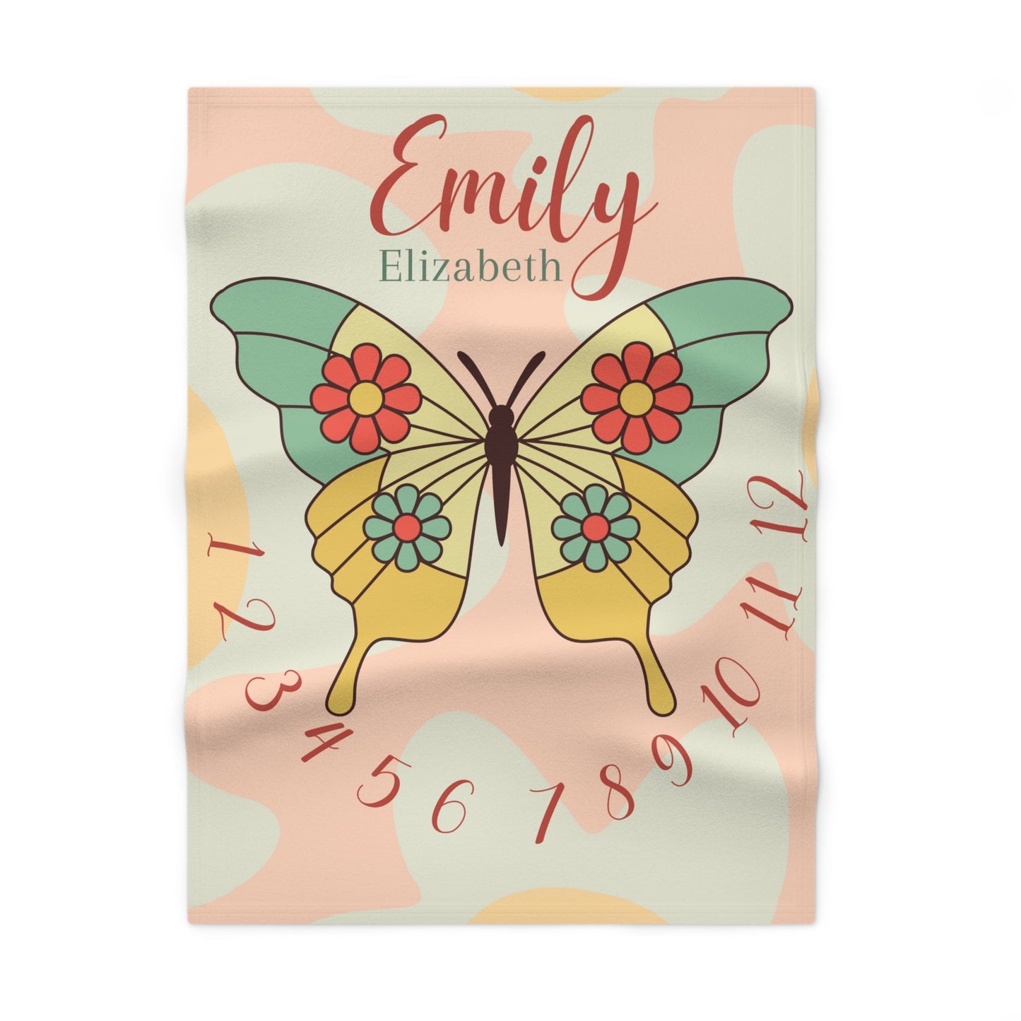 Retro Butterfly Themed Soft Fleece Milestone Blanket, Boys Monthly Growth Tracker, Personalized Baby Blanket, Baby Shower Gift