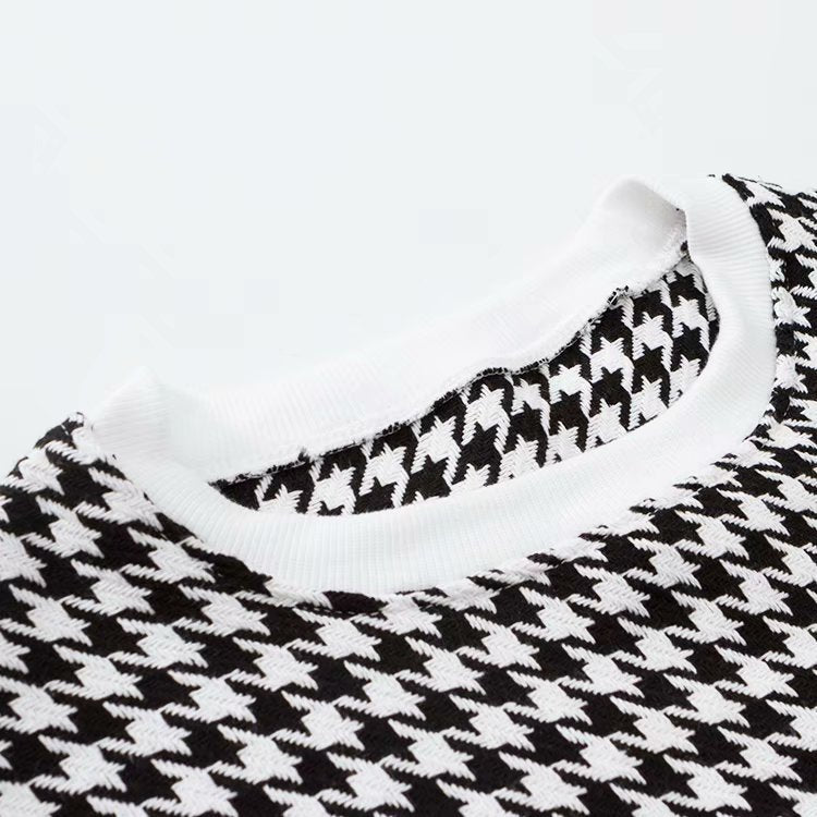 Hounds tooth Crew Neck Loose Cropped Pattern Sweater