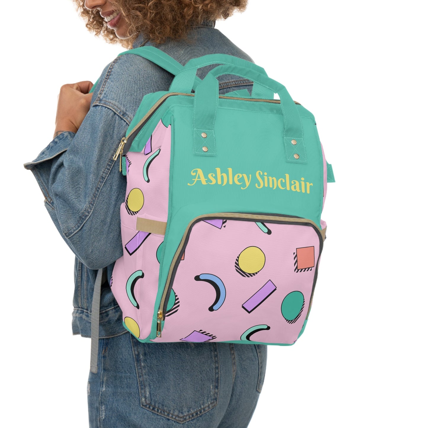 Personalized Pink 90s Inspired Shapes Print Pattern Multifunctional Diaper Backpack, Newborn Gift, Baby Shower Gift, Retro Backpack