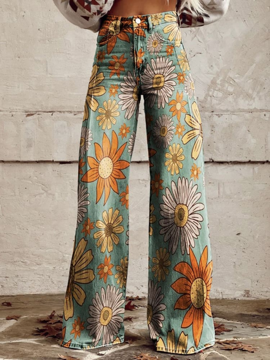 Vintage Floral Print Wide-Leg Pants