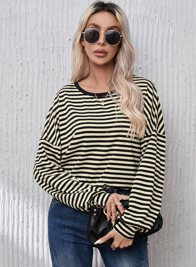 Striped Round Neck Dropped Shoulder T-Shirt