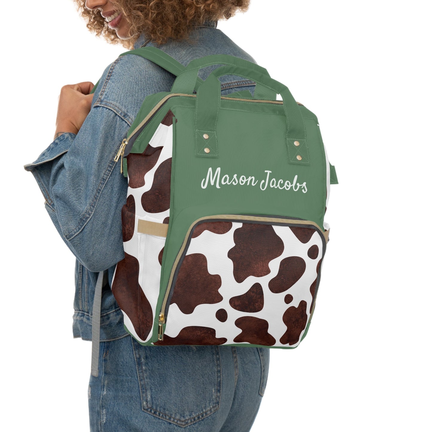 Personalized Green Boys Cow Print Multifunctional Diaper Backpack, Newborn Gift, Baby Shower Gift, Baby Diaper Bag Nappy Stroller Bag