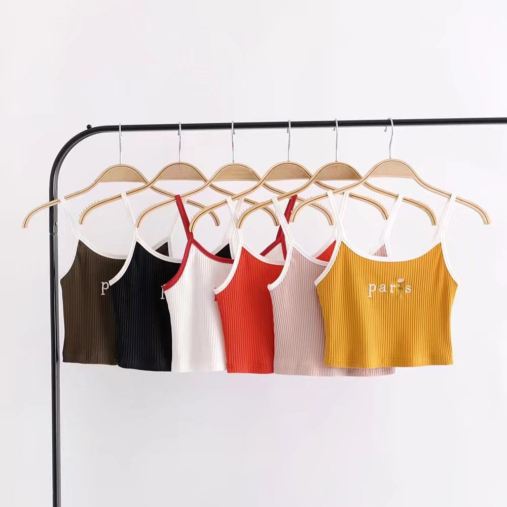 Paris Embroidered Cropped Tank Top Slim Fit