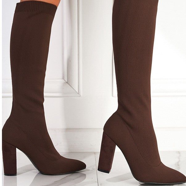 Autumn And Winter Women's Pointed Toe Chunky Heel Stretch Below The Knee