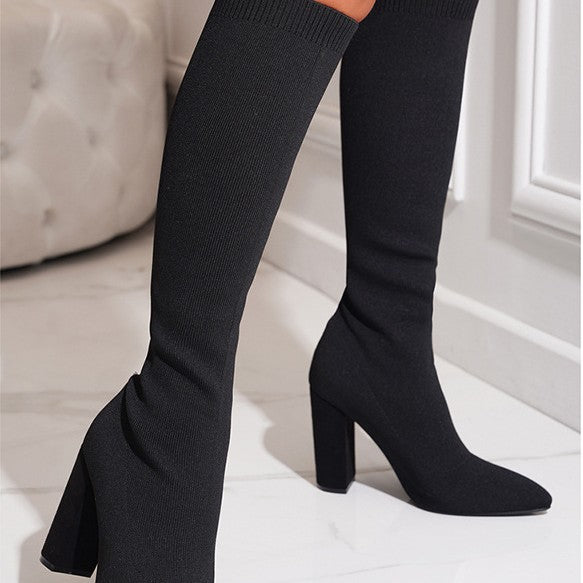 Autumn And Winter Women's Pointed Toe Chunky Heel Stretch Below The Knee