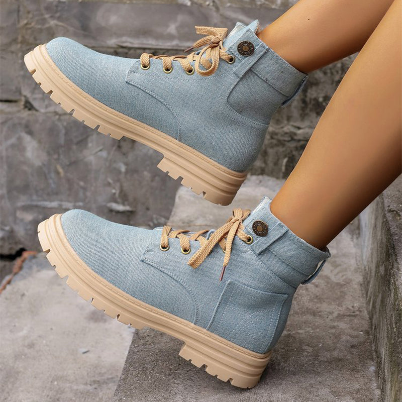 Lace-up Denim Ankle Boots Women Fashion Platform Boots