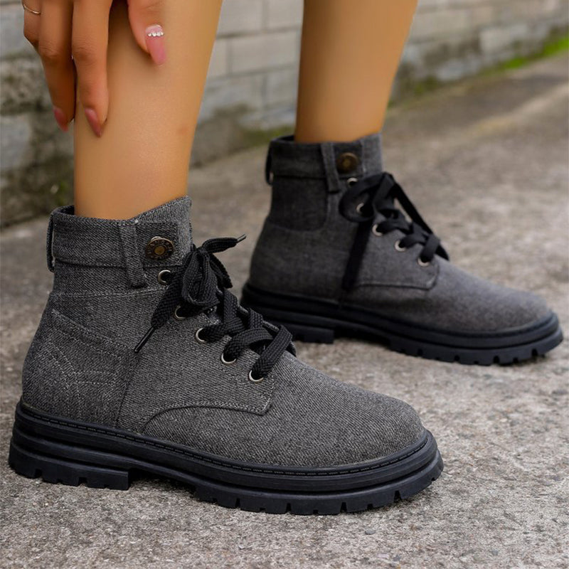 Lace-up Denim Ankle Boots Women Fashion Platform Boots