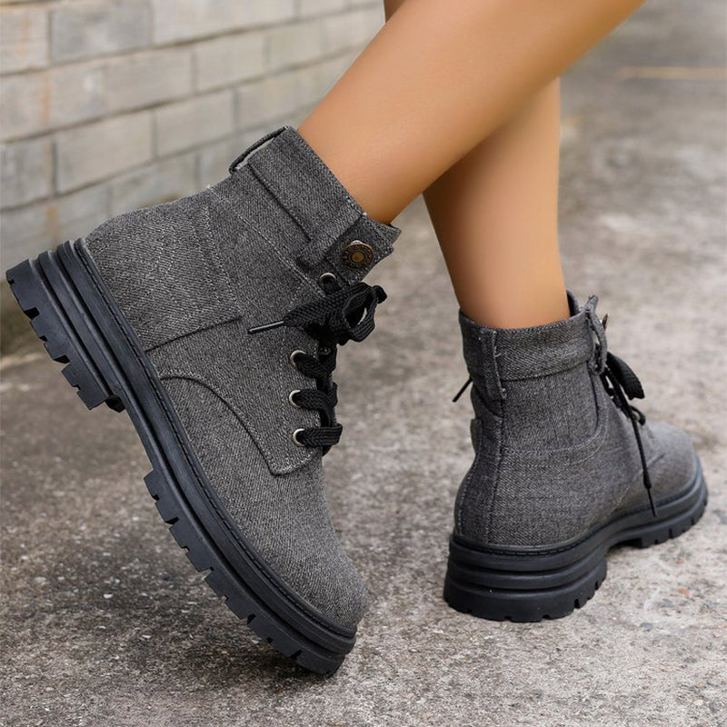 Lace-up Denim Ankle Boots Women Fashion Platform Boots