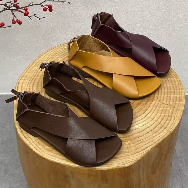 Handmade Artistic Retro Peep Toe Soft Flat Bottom Soft Leather Women's Sandals