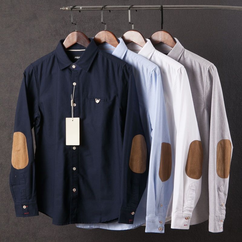 Elbow Patch Long Sleeve Shirt Men's Lapel Retro