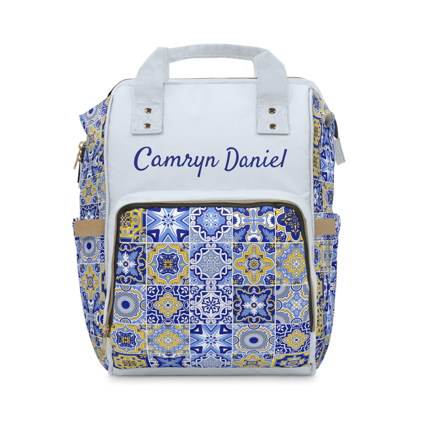 Personalized Blue Moroccan Tile Pattern Multifunctional Diaper Backpack, Newborn Gift, Baby Shower Gift, Patchwork Backpack