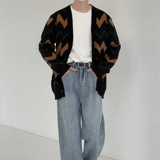 Wave Pattern Cardigan Sweater Men