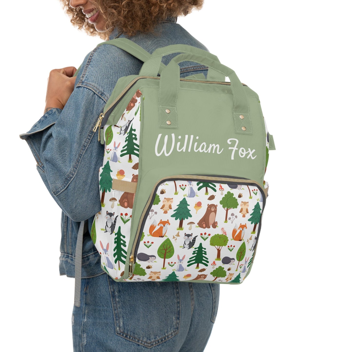 Personalized Woodland Creature Pattern Multifunctional Diaper Backpack, Newborn Gift, Baby Shower Gift, Woodland Themed Baby Shower