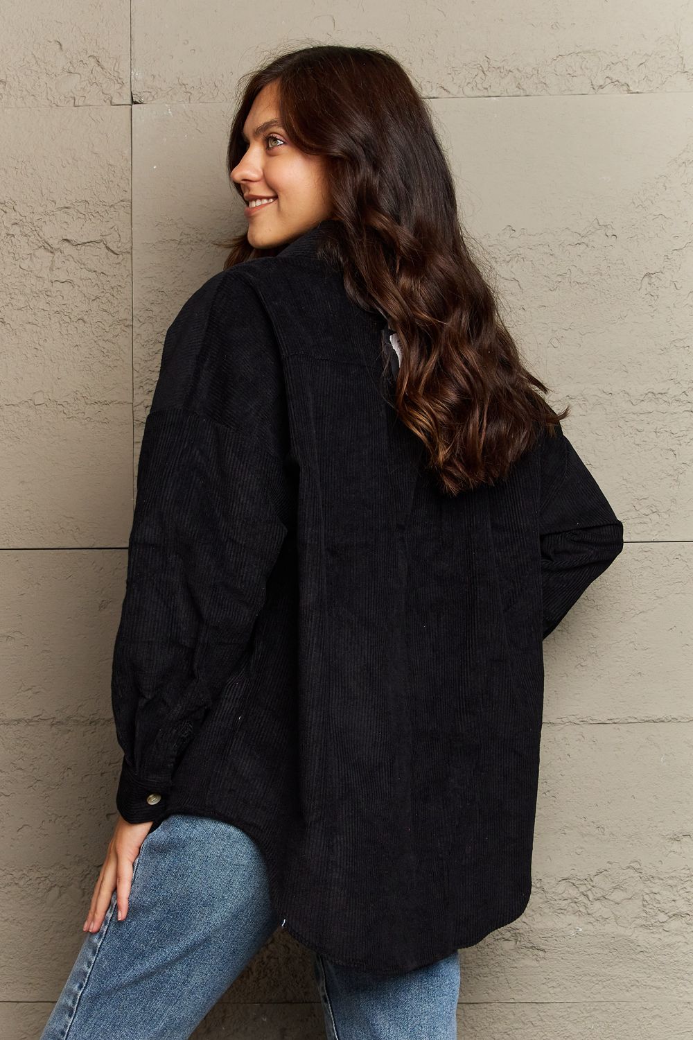 Full Size Collared Neck Dropped Shoulder Button-Down Jacket