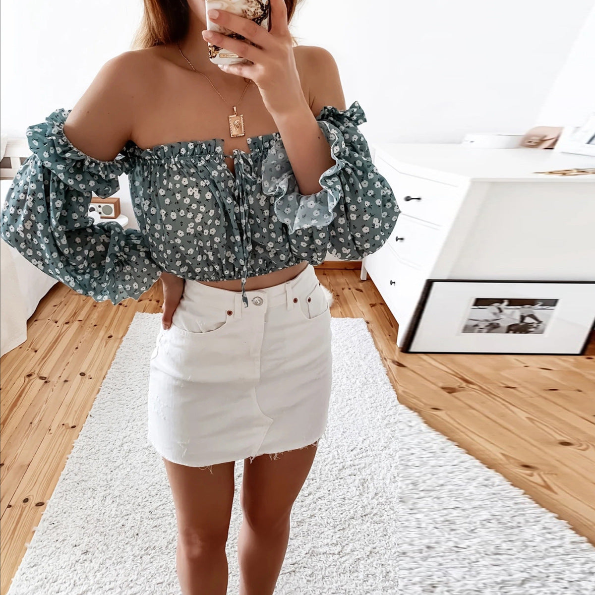 Off The Shoulder Floral Cropped Blouse