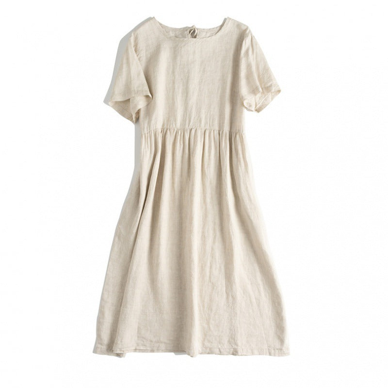 Elegant Cotton And Linen Art Round-neck Mid-sleeve Belt Large Swing Dress