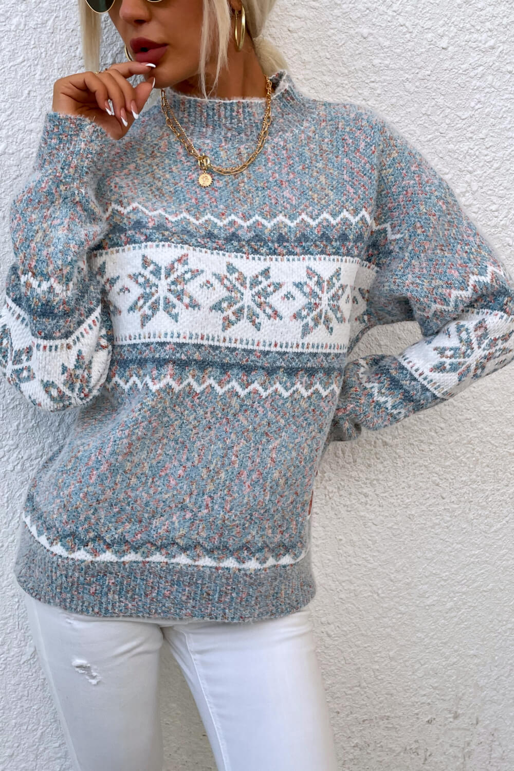 Snowflake Pattern Mock Neck Sweater