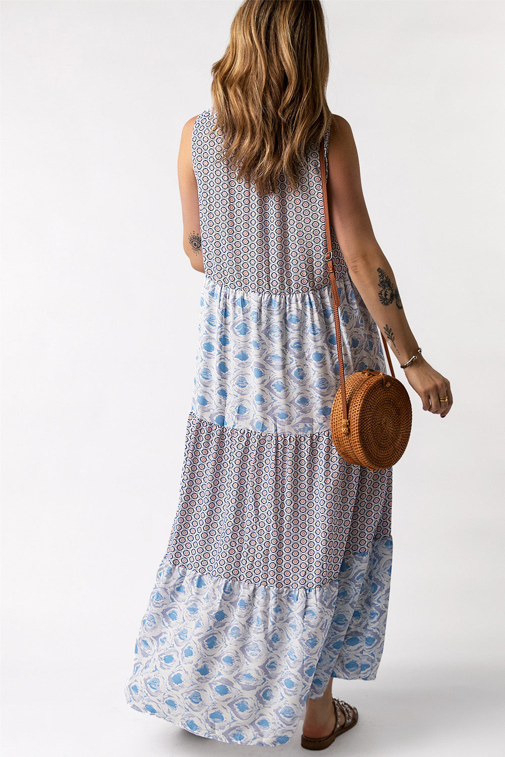 Patchwork Mixed Print Tie-Neck Sleeveless Maxi Dress