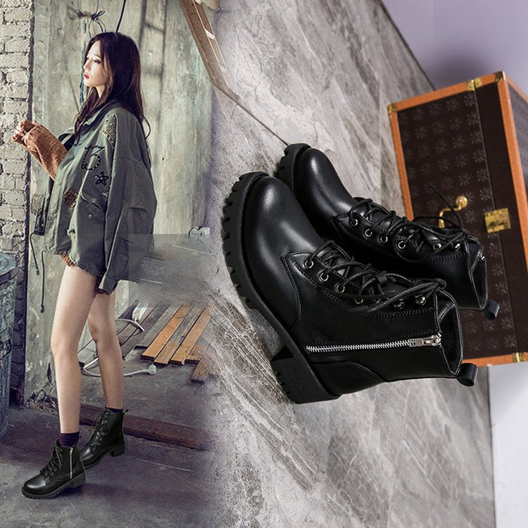 Women's Leather Boots High Top Women's Single Shoes Black Leather Boots