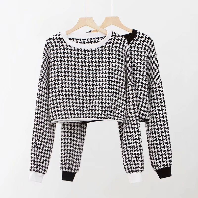 Hounds tooth Crew Neck Loose Cropped Pattern Sweater