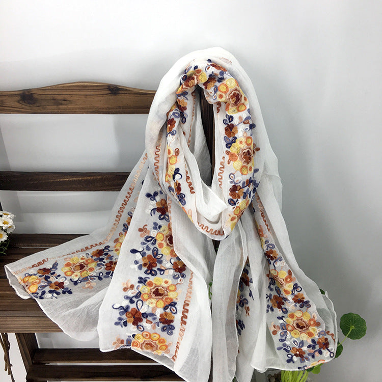 Embroidered Cotton And Linen Scarf Shawl