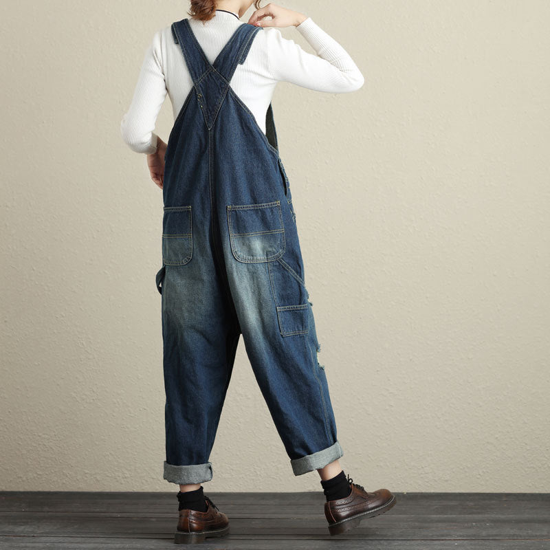 Vintage Art Loose Denim Suspenders Large Size Ripped Jumpsuit