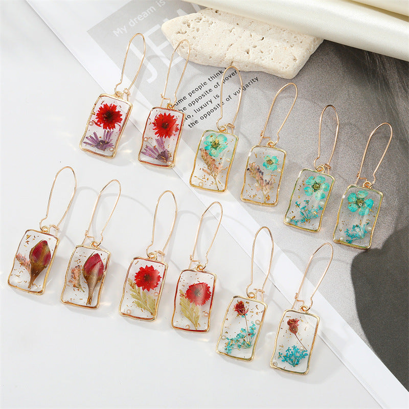 Rectangle Transparent Drip Dry Flower Earrings