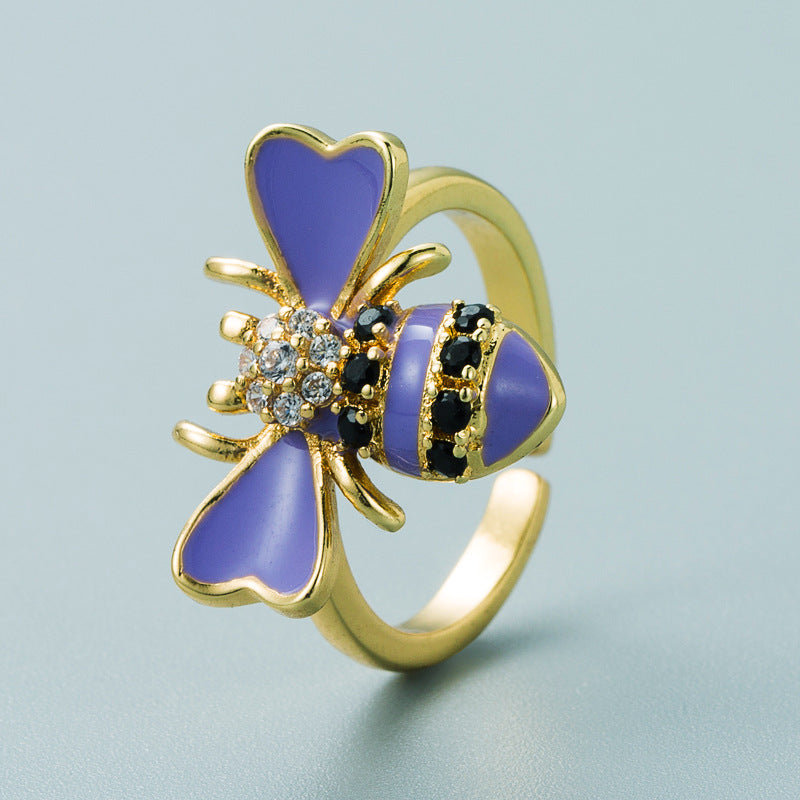 Copper Plated Real Gold Inlaid Zircon Bee Ring