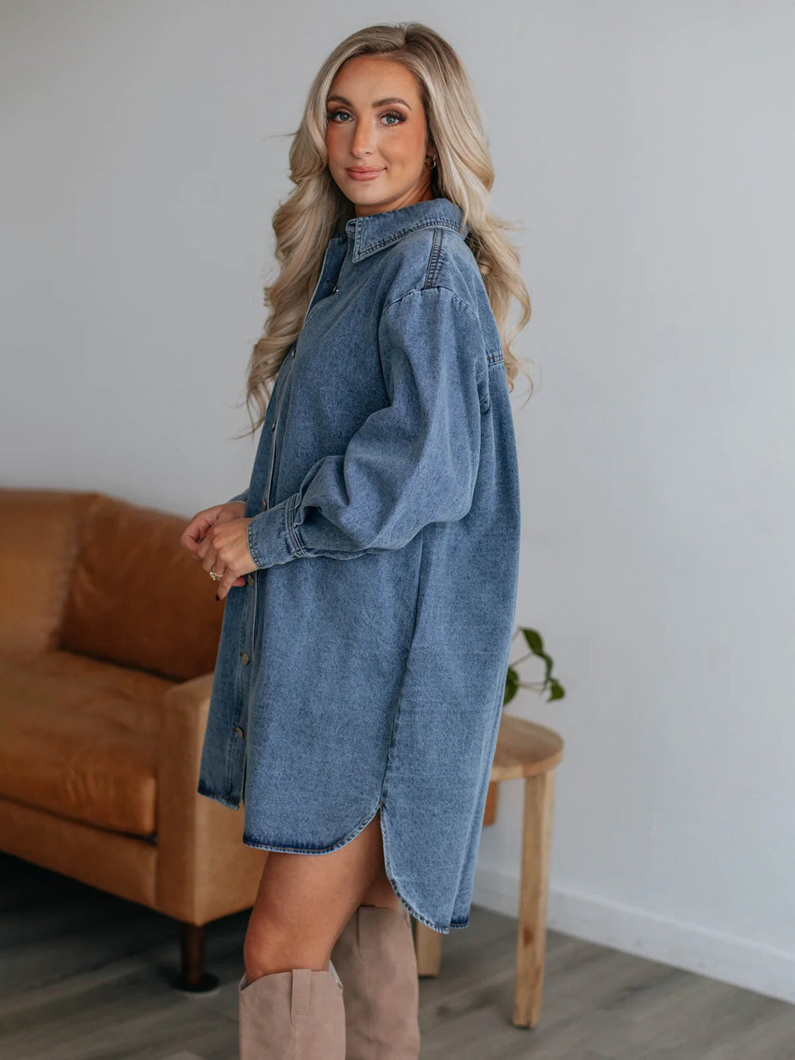 Button Up Collared Neck Long Sleeve Denim Dress