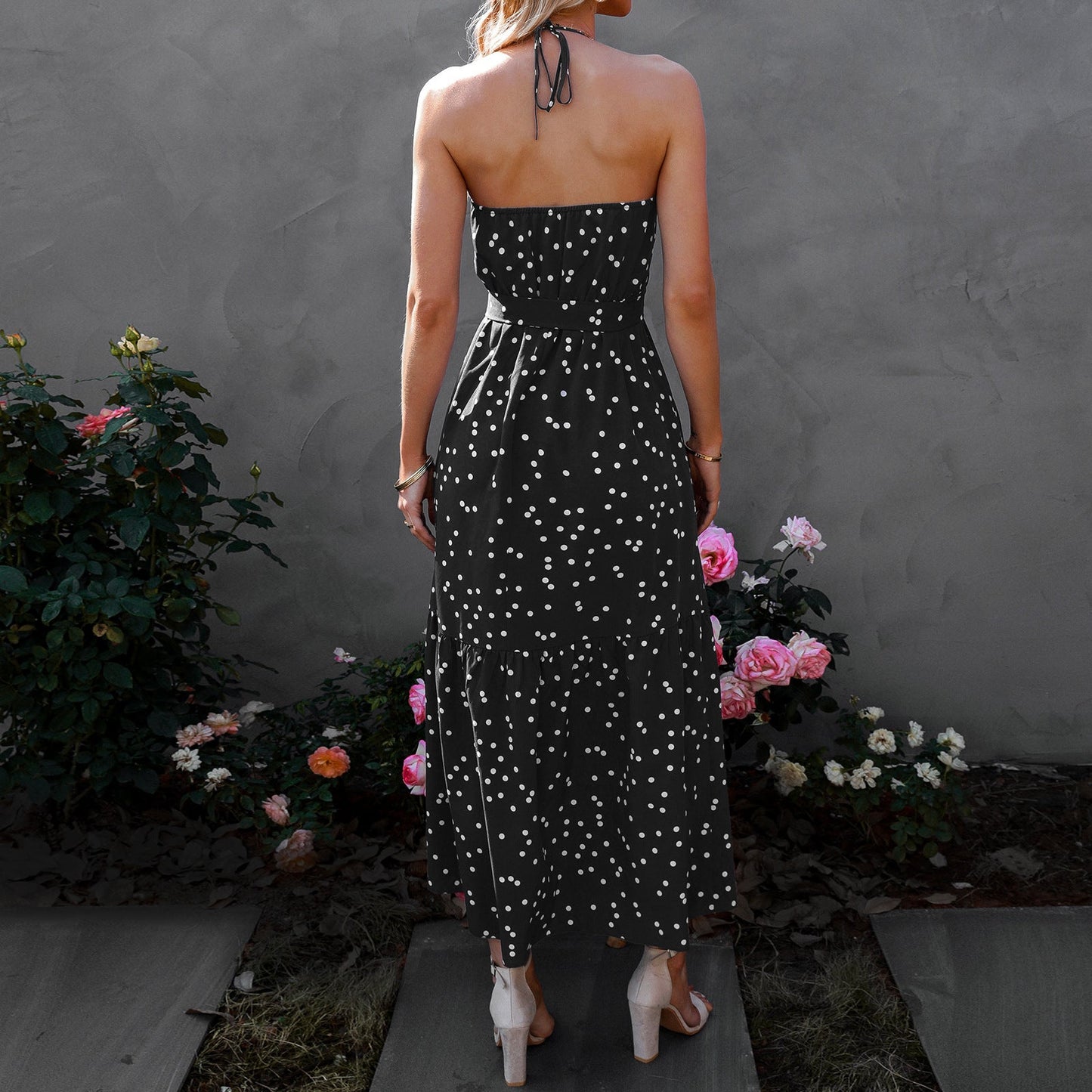 Women's V-Neck Strap Polka Dot Long Dress