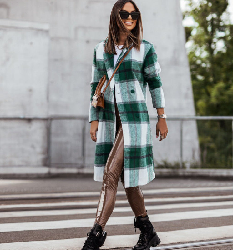 Women's Mid-length Plaid Woolen Printed Coat