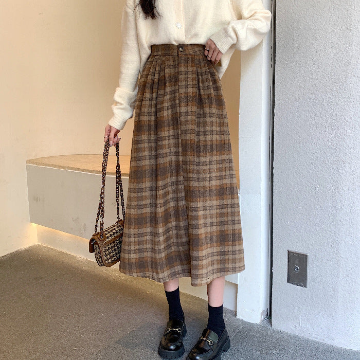 High-grade Coffee Color Plaid Skirt For Women