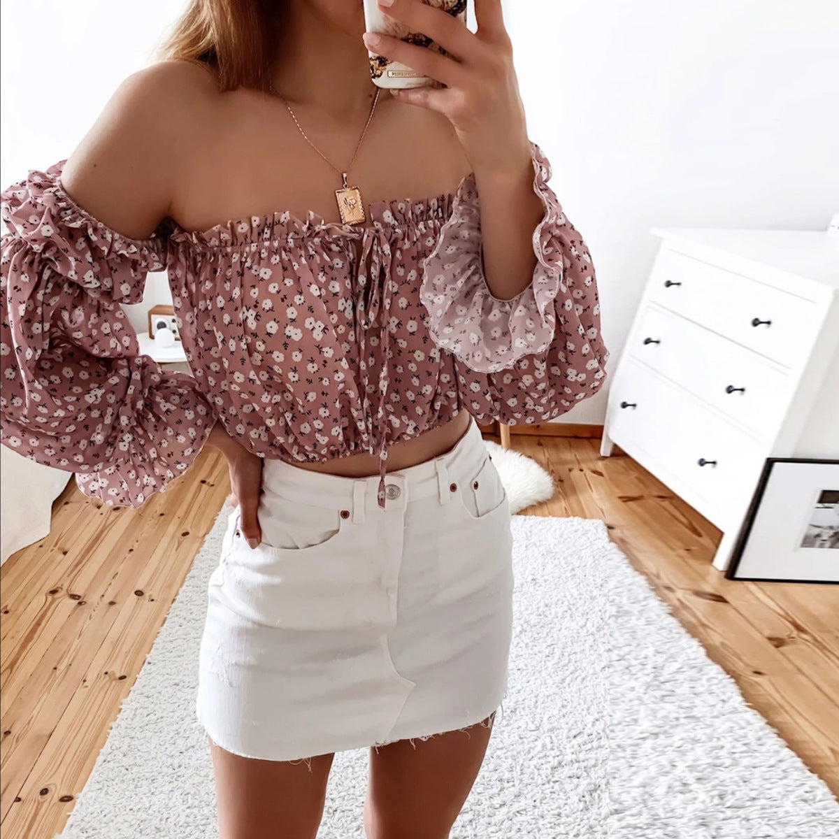 Off The Shoulder Floral Cropped Blouse