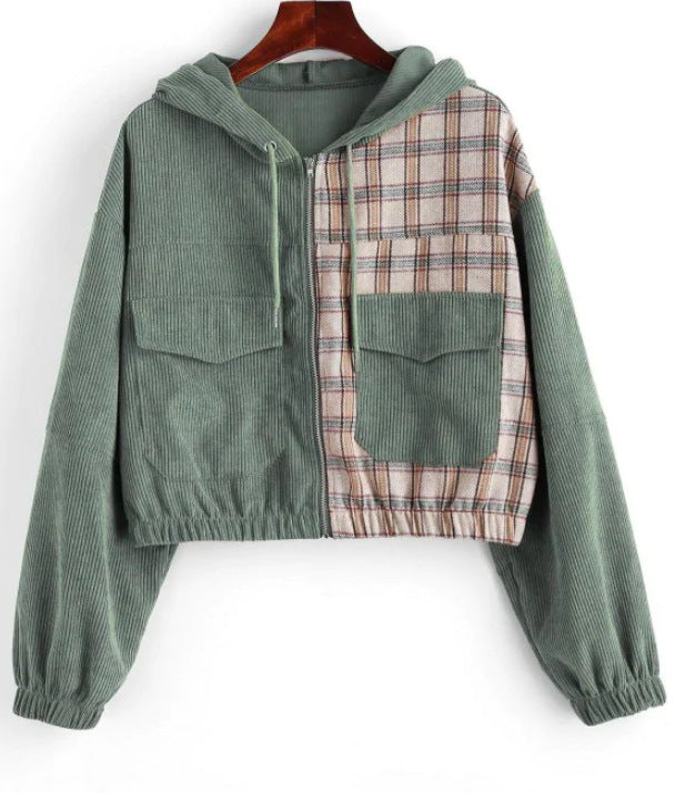 Corduroy Hipsters Flannel Color Block Zip Up Cropped Utility Jacket