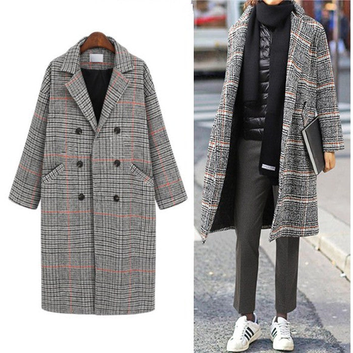 All-Match Double Breasted Plaid Mid-Length Woolen Coat