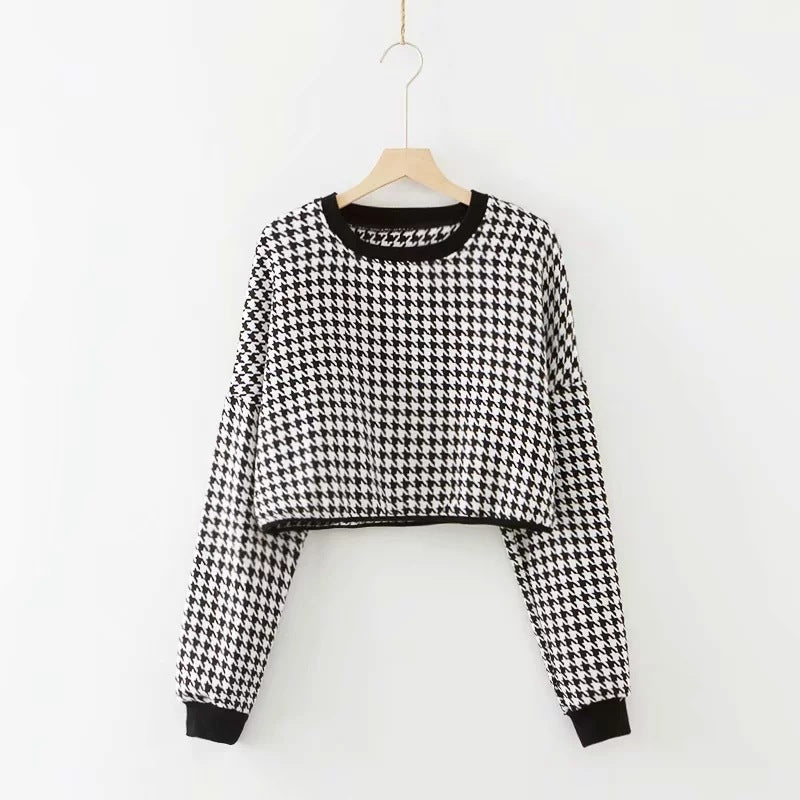 Hounds tooth Crew Neck Loose Cropped Pattern Sweater