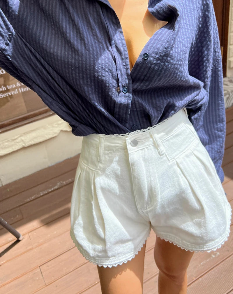 Lace Trim High Waist Denim Shorts - Casual Loose Fit