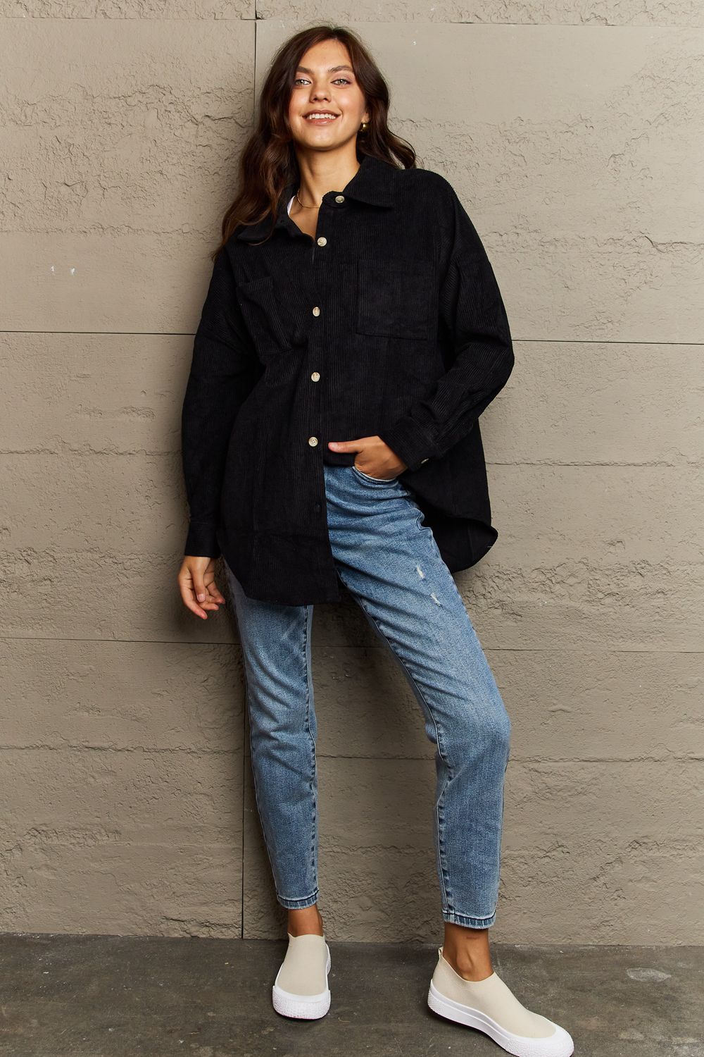 Full Size Collared Neck Dropped Shoulder Button-Down Jacket