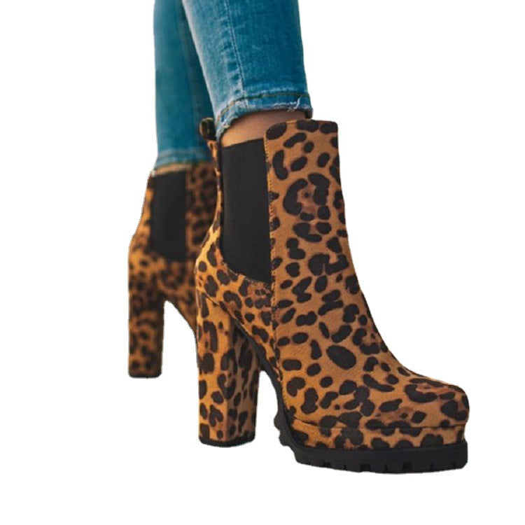 Round-toe Ankle Boots Solid Leopard Print Thick Square High Heel Shoes Ladies Casual Autumn Winter Suede Dress Party Boots