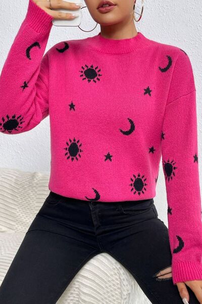 Printed Mock Neck Dropped Shoulder Sweater