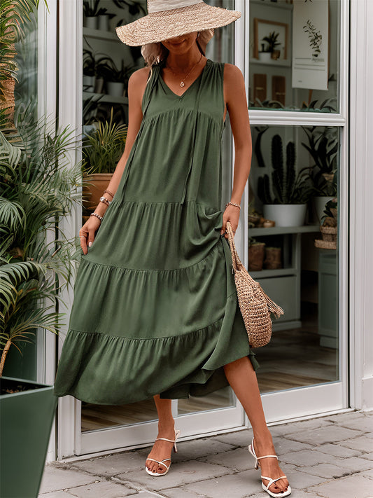 Tiered Tie Neck  Midi Dress