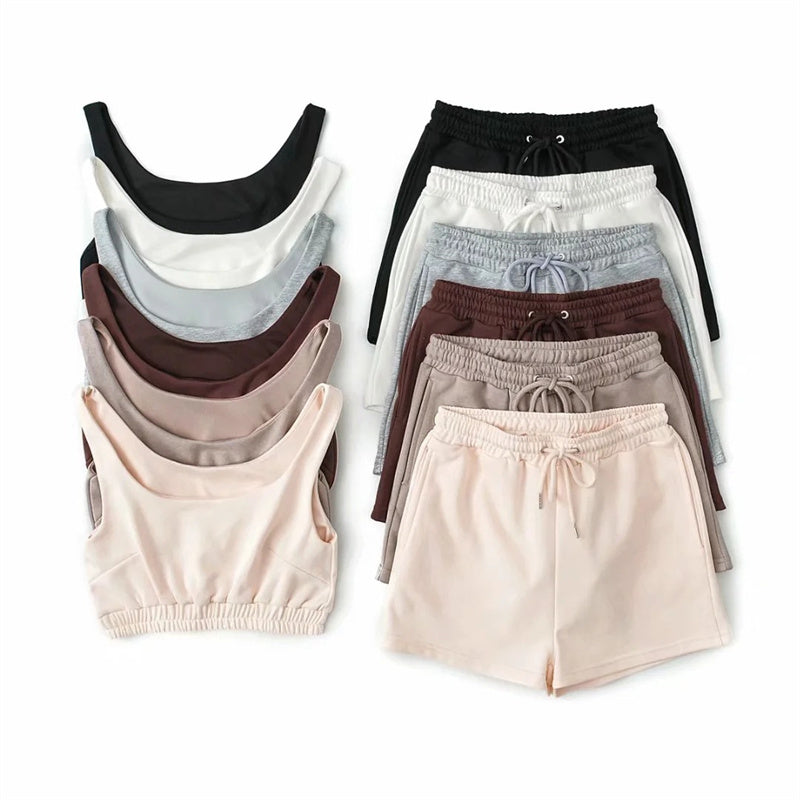 Loose Wide Leg Sports Shorts Set With Drawstring Waist Camisole