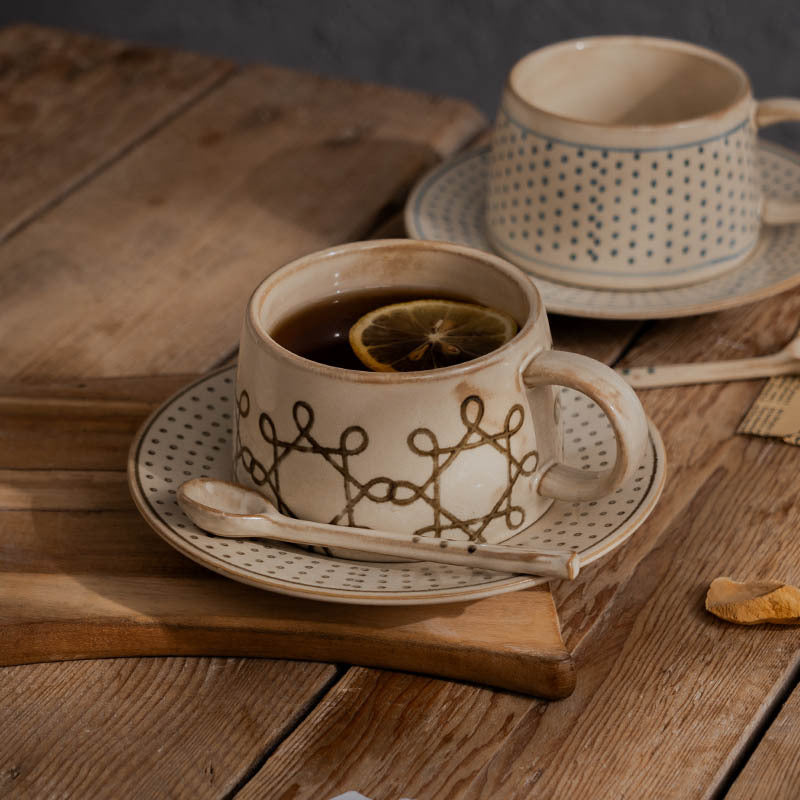 Vintage Crystal Glaze Stoneware Coffee Mug with Spoon