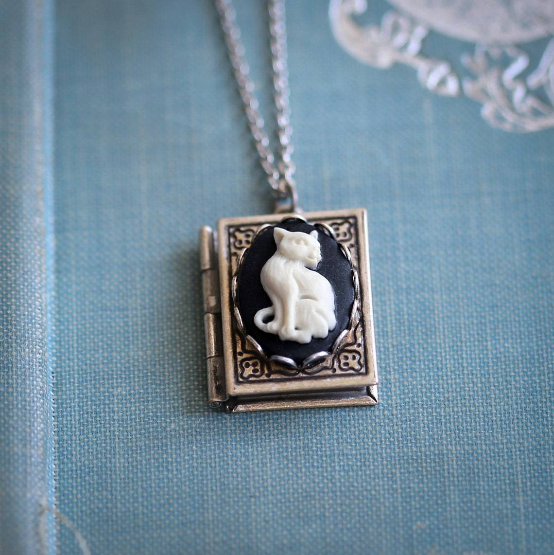 Embossed Cat Book Pendant Box Necklace