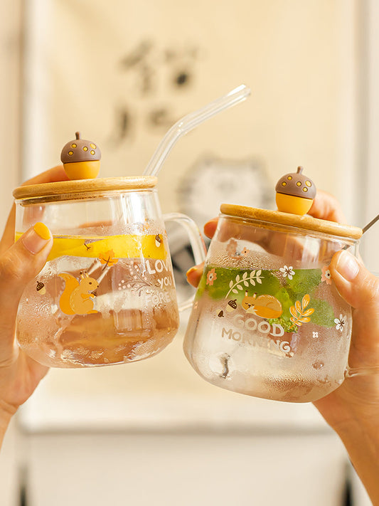 Cute Straw Glass Transparent Mug Heat Resistant