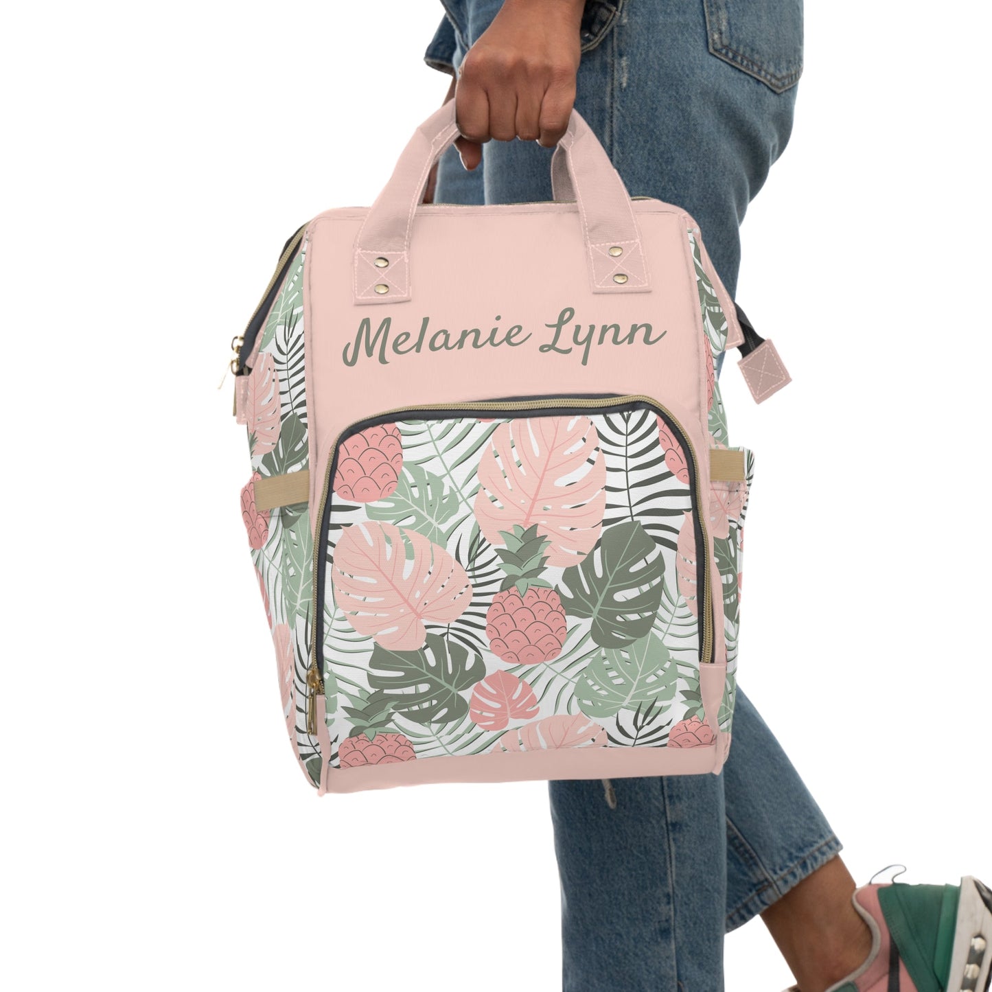 Personalized Pink Tropical Pattern Multifunctional Diaper Backpack, Newborn Gift, Baby Shower Gift, Tropical Themed Baby Shower