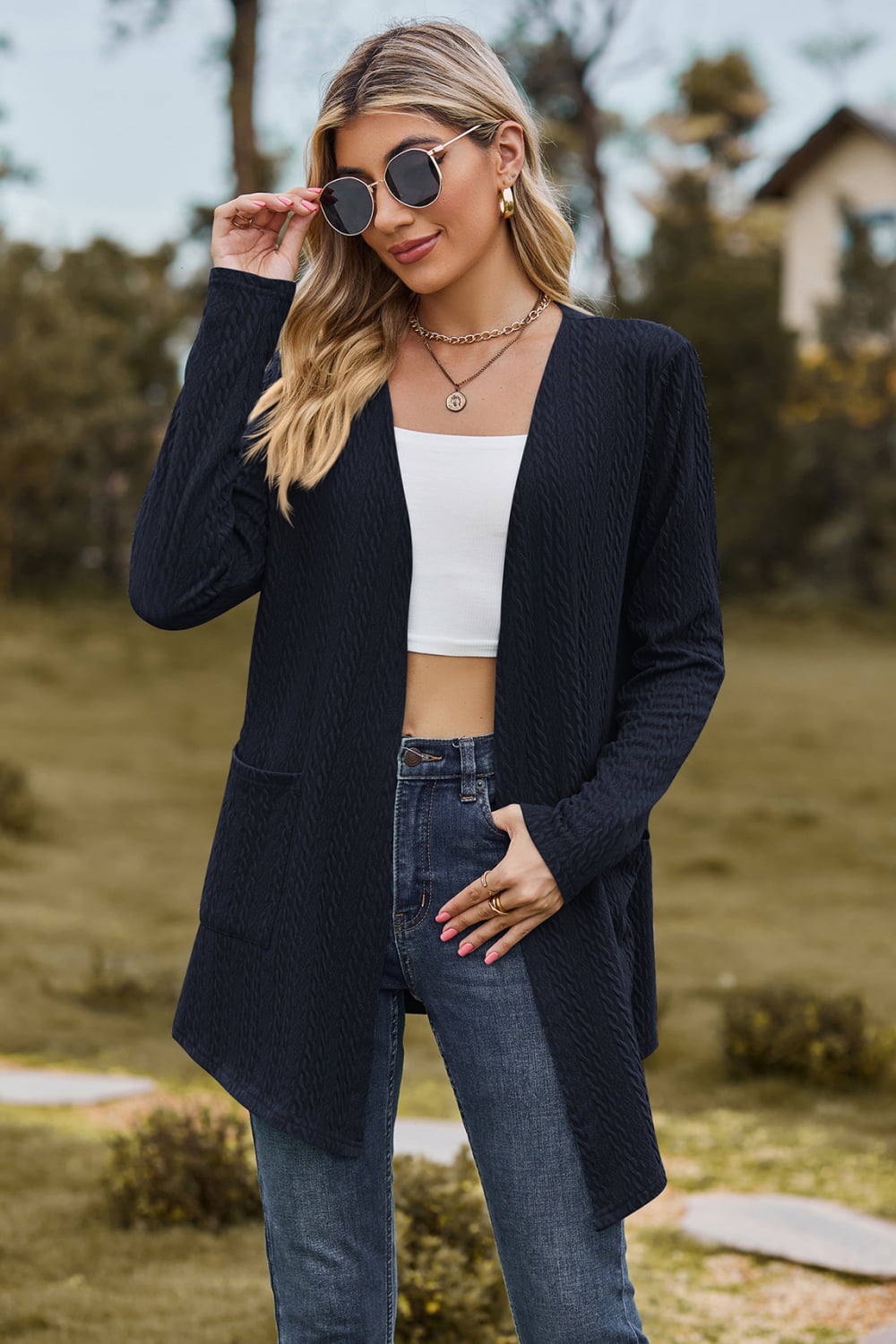 Cable-Knit Long Sleeve Cardigan with Pocket