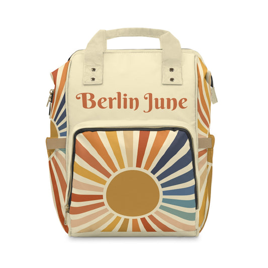 Personalized Retro Sun Pattern Multifunctional Diaper Backpack, Newborn Gift, Baby Shower Gift, Retro Themed Babyshower