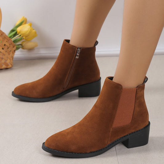 Women's Fashion Ankle Boots With Side Zipper Chunky Heel Boots